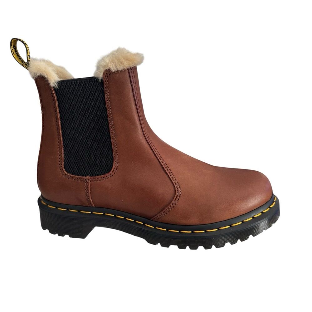 Dr. Martens Brown Leather Chelsea Shearling-Lined Ankle Boots, size 9
